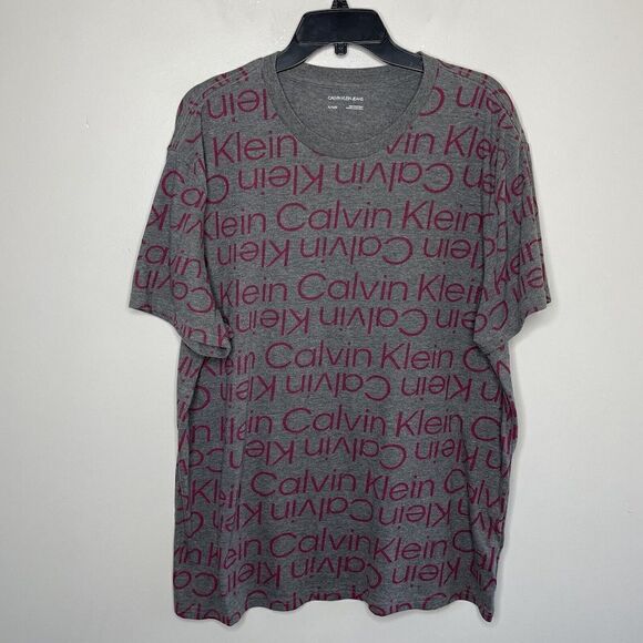 CALVIN KLEIN Shirt Mens XL All Over Spellout Logo Gray Pink Cotton Blend - Picture 1 of 7